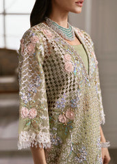 Intricate embroidery and crystal-encrusted details on Sparkle Cascade by Crimson PK in pistachio green.