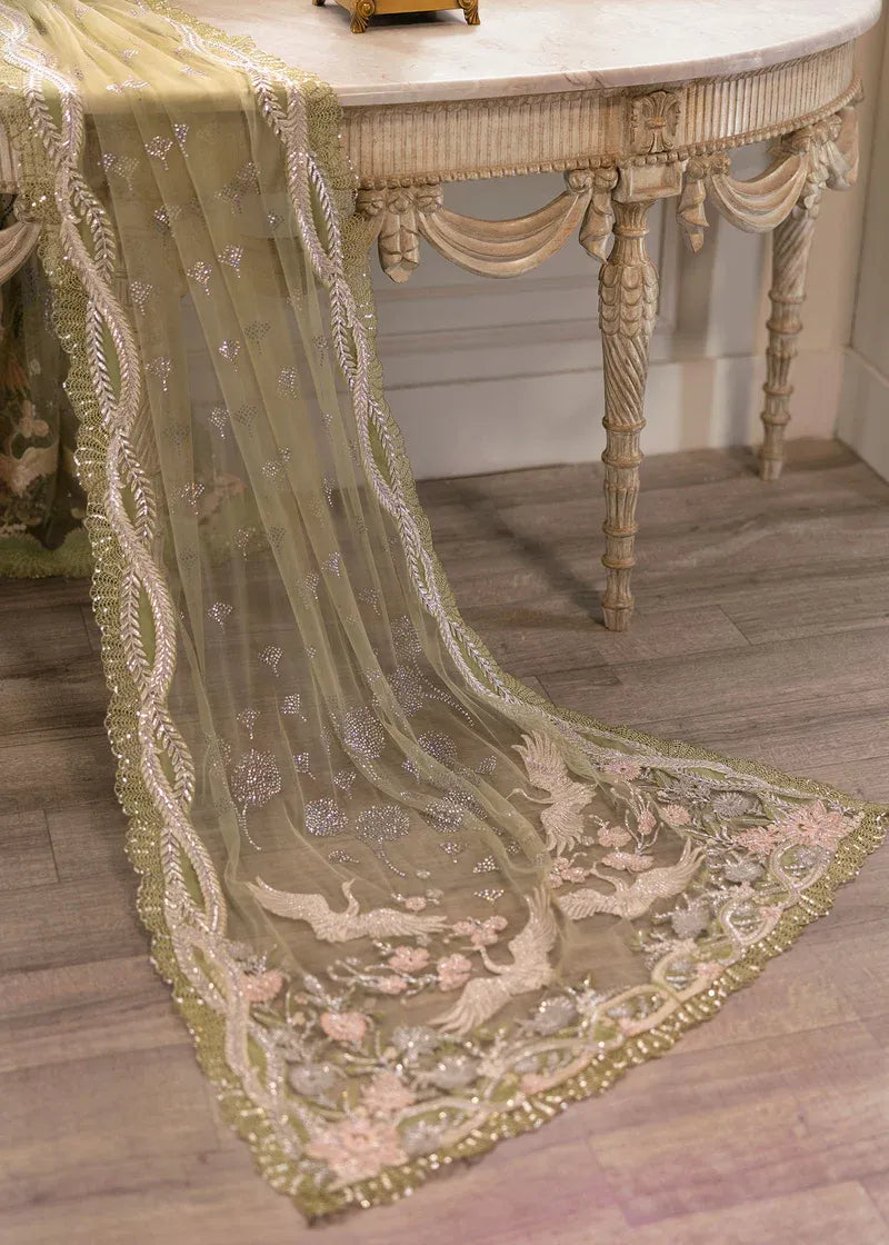 Sheer organza dupatta with hand-appliquéd crystals and embroidered borders from Sparkle Cascade by Crimson PK.