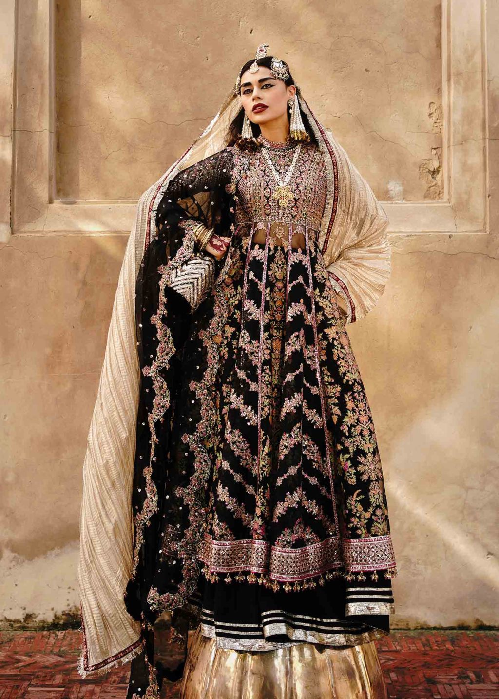 Black Organza Peshwas with Colorful Embroidery & Scalloped Dupatta