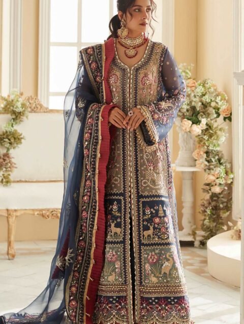 Laleh’ by Elan: Deep Blue Dress with Gold & Silver Embellishments