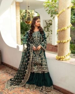 AHIN by Faiza Saqlain: Emerald Green Gharara Set