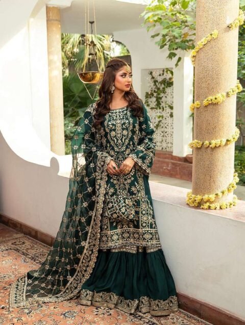 AHIN by Faiza Saqlain: Emerald Green Gharara Set