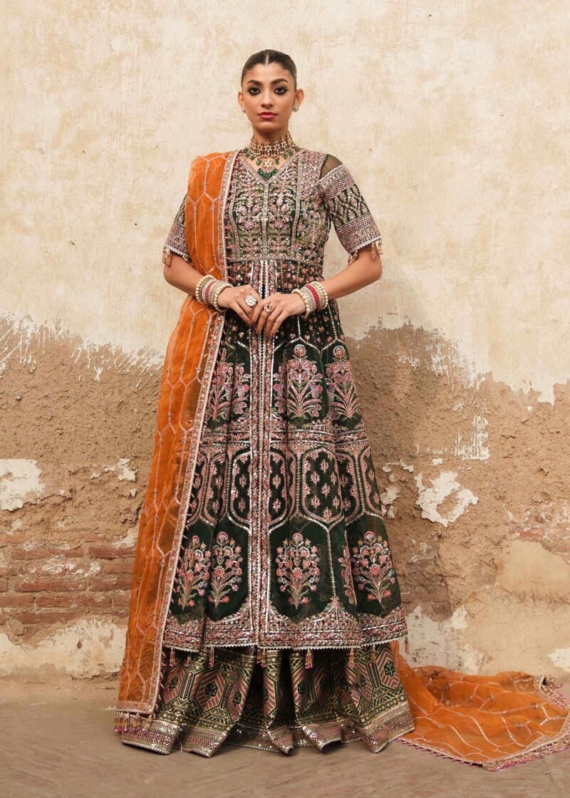 Fasana by Hussain Rehar – Luxury Engagement Dress & Bridal Sharara Set in Gold with Hand Embroidery