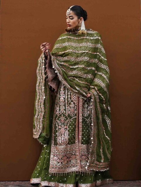Grassy Green Organza Jacket with Bugle Beads & Sharara