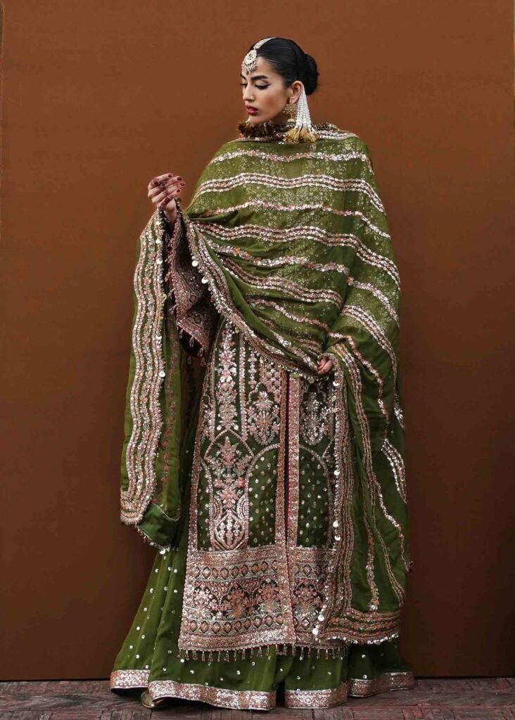 Grassy Green Organza Jacket with Bugle Beads & Sharara