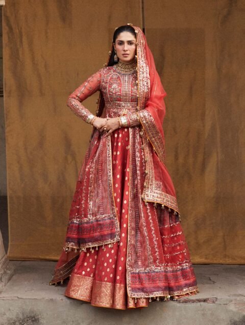 Embroidered Organza Peshwas with Foil Printed Lehenga