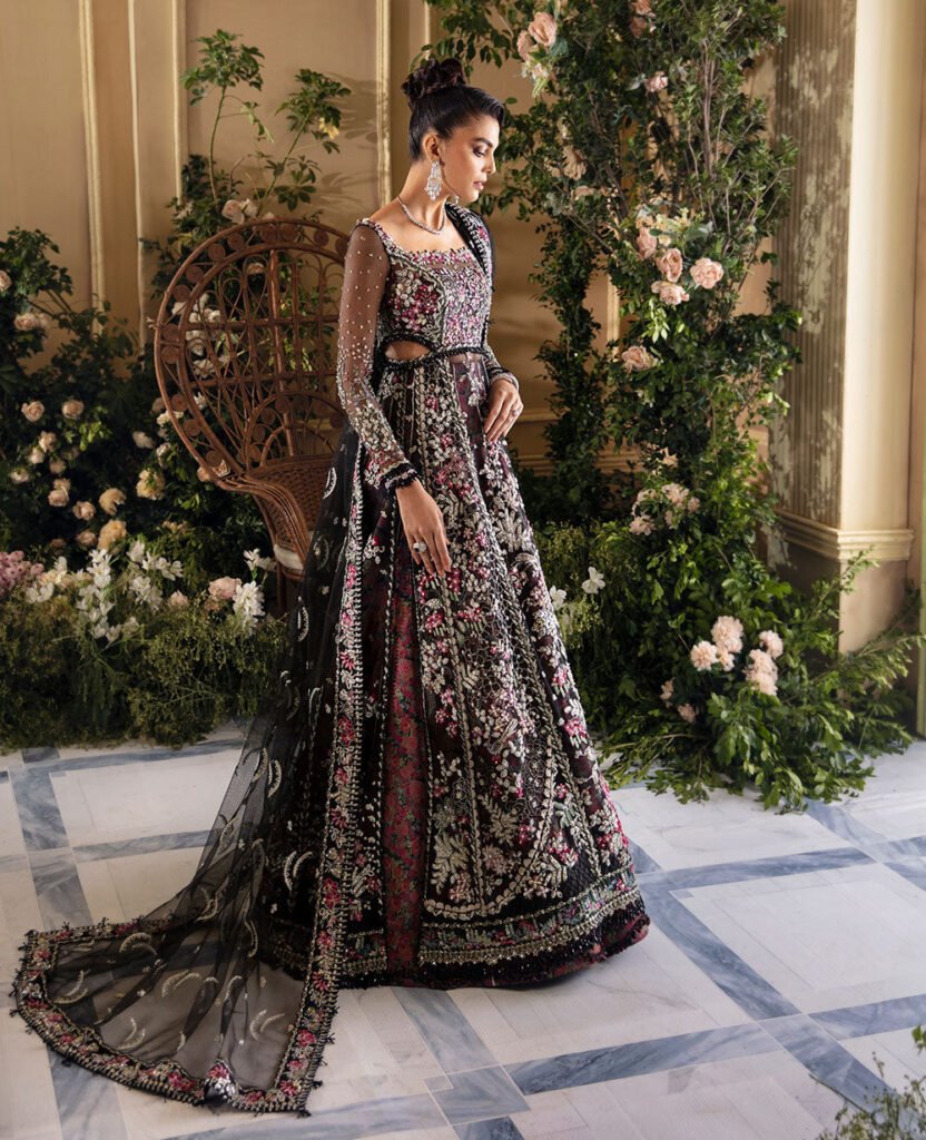 Wine Organza Dress with Floral Embellishments and Silver Vines