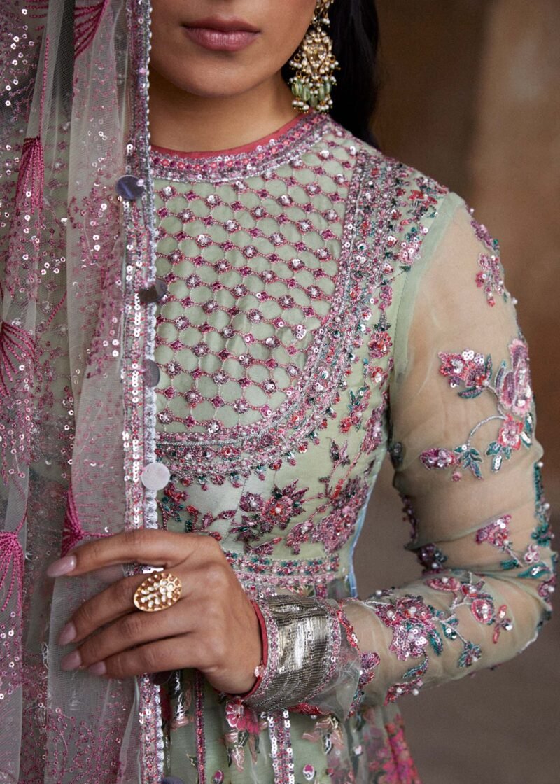 Embroidered Organza Peshwas with Mint Green Korean Silk Lehenga - Image 7
