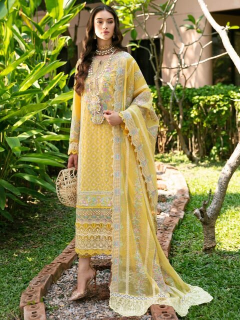 Vanessa Yellow Embroidered Ensemble – Elegant Cotton Net Outfit