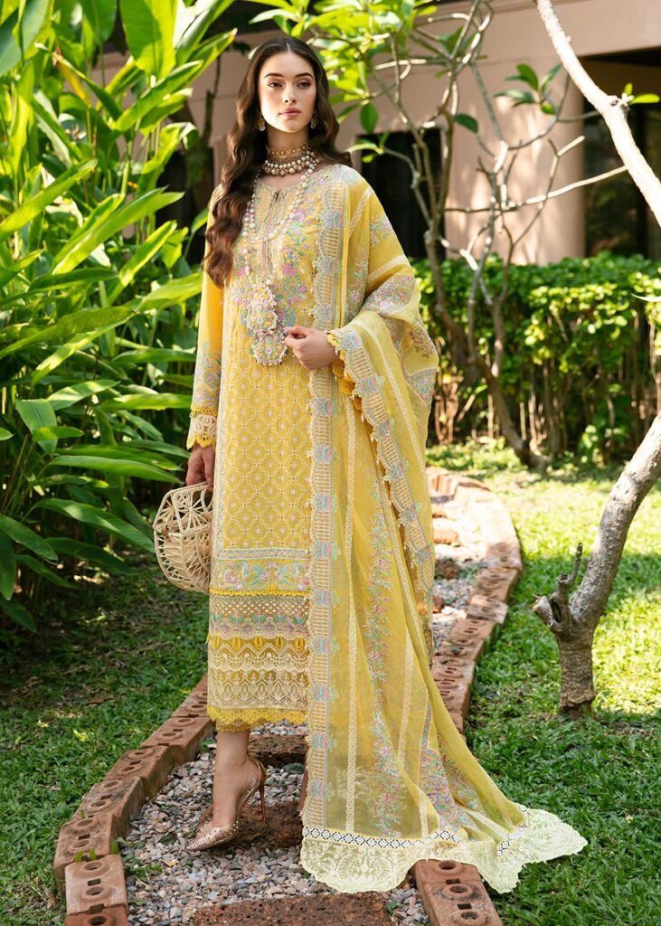 Vanessa Yellow Embroidered Ensemble – Elegant Cotton Net Outfit