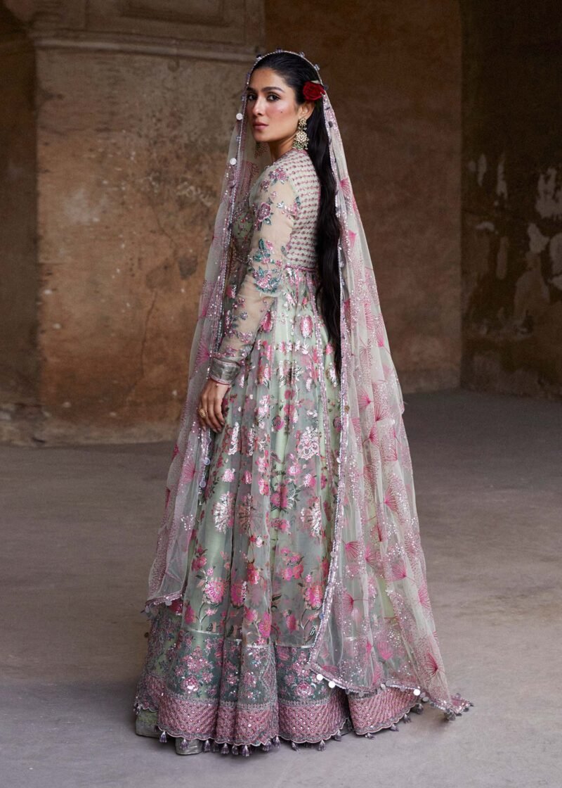 Embroidered Organza Peshwas with Mint Green Korean Silk Lehenga - Image 10