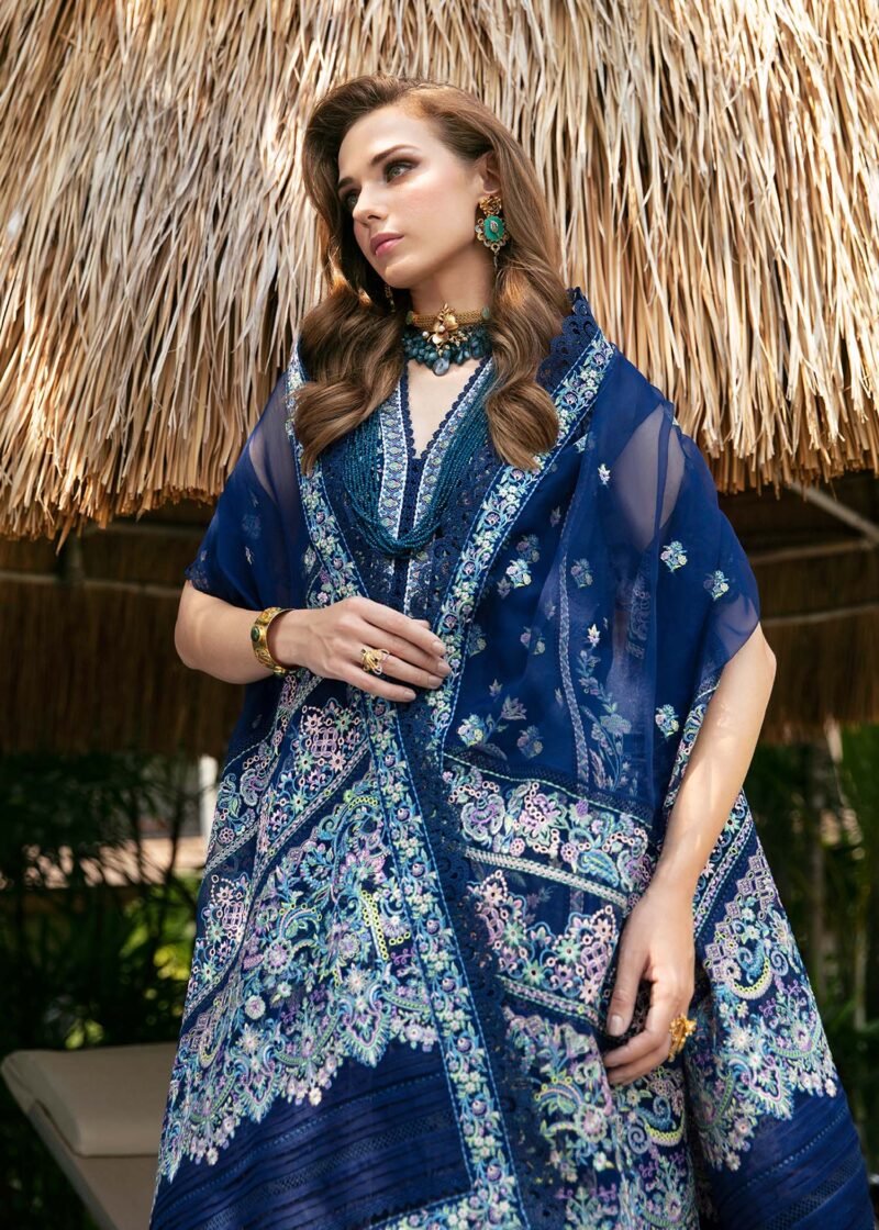 Royal Blue Embroidered Shirt & Dupatta Set by Kanwal Malik - Image 3