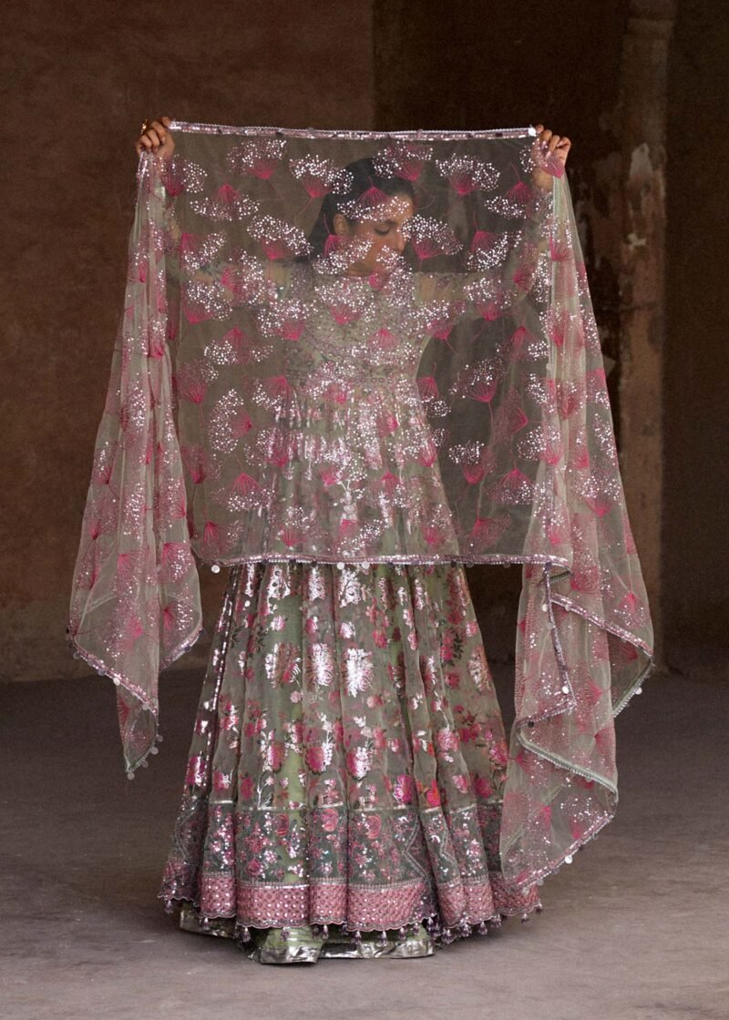 Embroidered Organza Peshwas with Mint Green Korean Silk Lehenga - Image 15