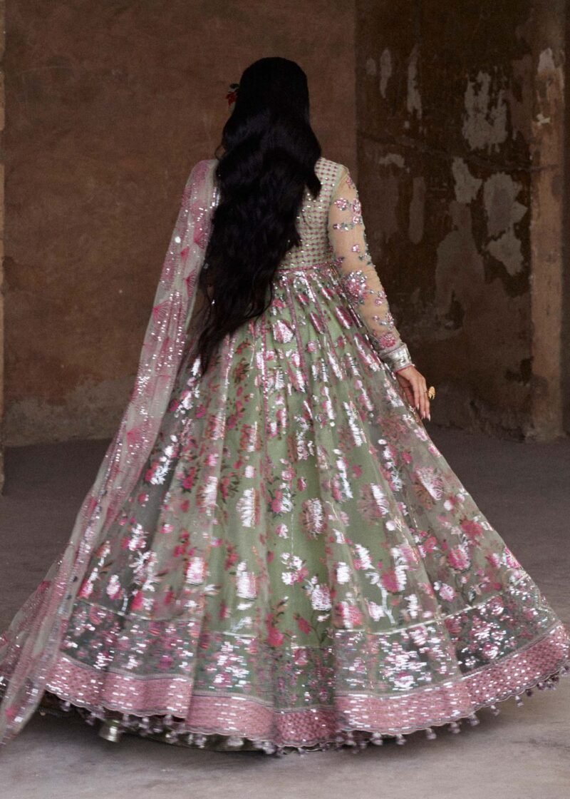 Embroidered Organza Peshwas with Mint Green Korean Silk Lehenga - Image 11