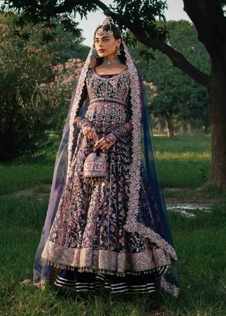 Navy Blue Organza Peshwas with Velvet Palazzo & Dupatta