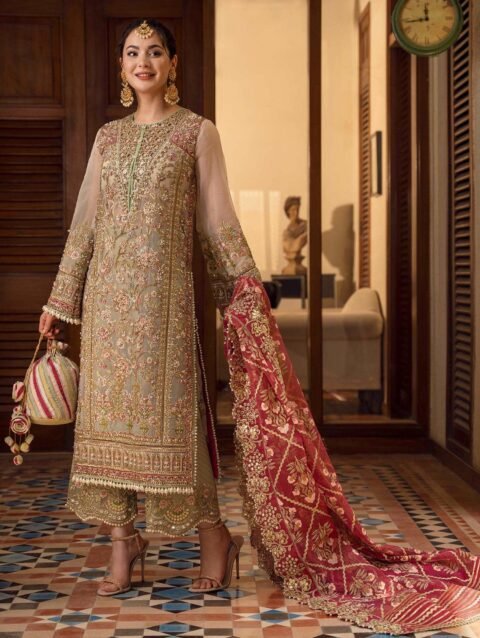 Crimson Pakistani Handcrafted Wedding Dress with Embroidery