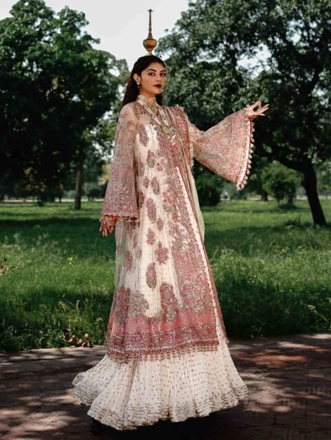 Ivory Peshwas with Pink & Green Embroidery, Sequins & Sharara