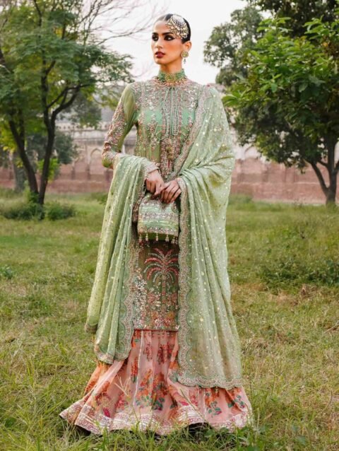 Pastel Mint Green Embroidered Shirt with Chiffon Sharara