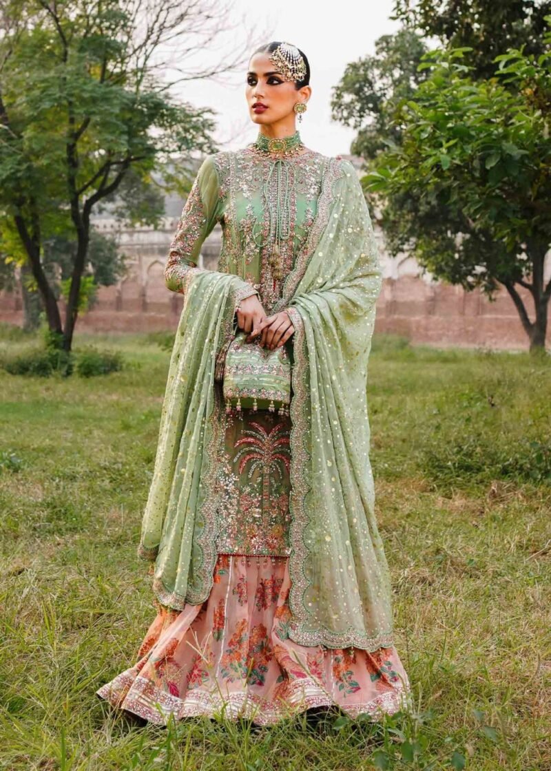 Pastel Mint Green Embroidered Shirt with Chiffon Sharara