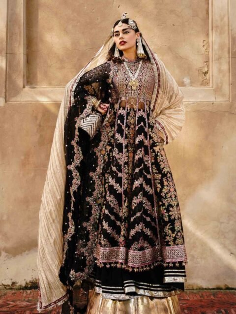 Black Organza Peshwas with Colorful Embroidery & Scalloped Dupatta
